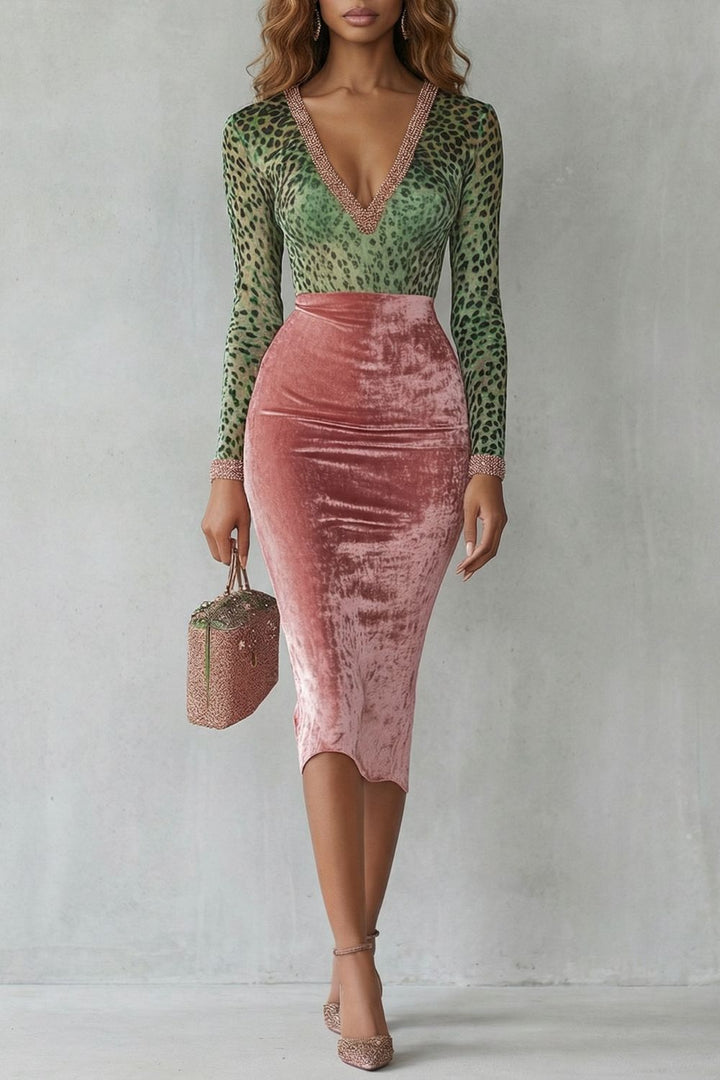 Virelline – Contrasterende Luipaardprint Fluwelen Bodycon Midi-jurk