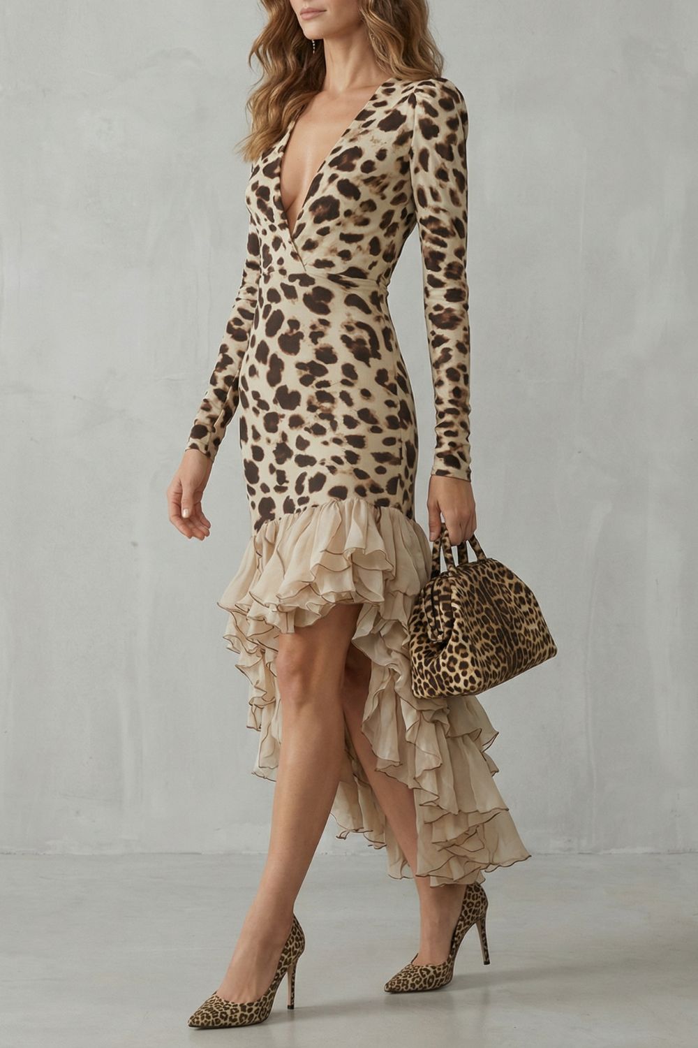 Lioraé – Midi-jurk met Luipaardprint en Rimpelrand