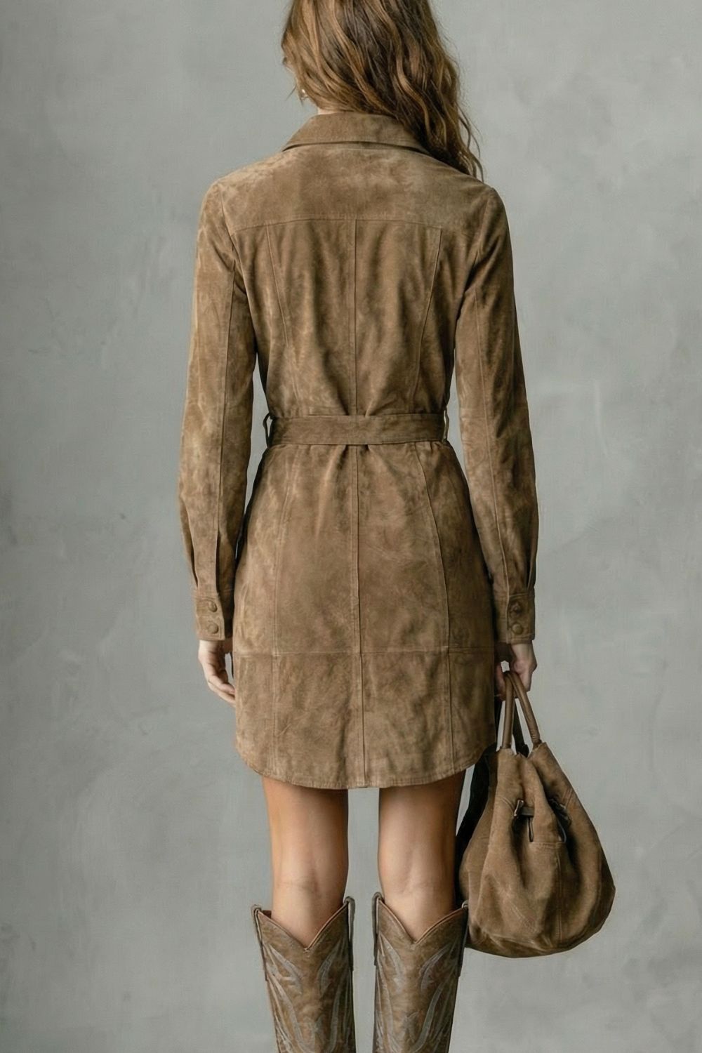 Vellessa – Elegante Suède Midi-jurk met Gekleed Silhouet