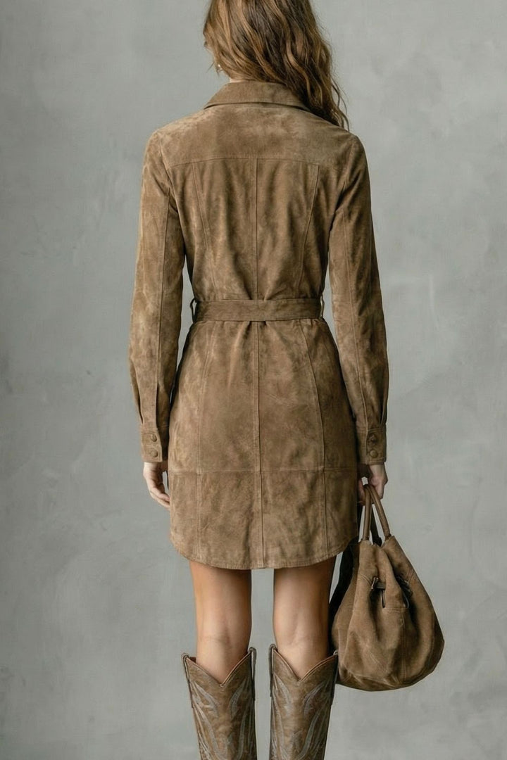 Vellessa – Elegante Suède Midi-jurk met Gekleed Silhouet