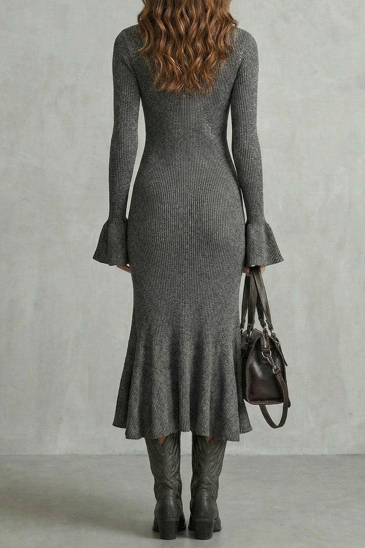 Veloria – Elegante Midi-jurk met Uitlopende Mouwen en Rits