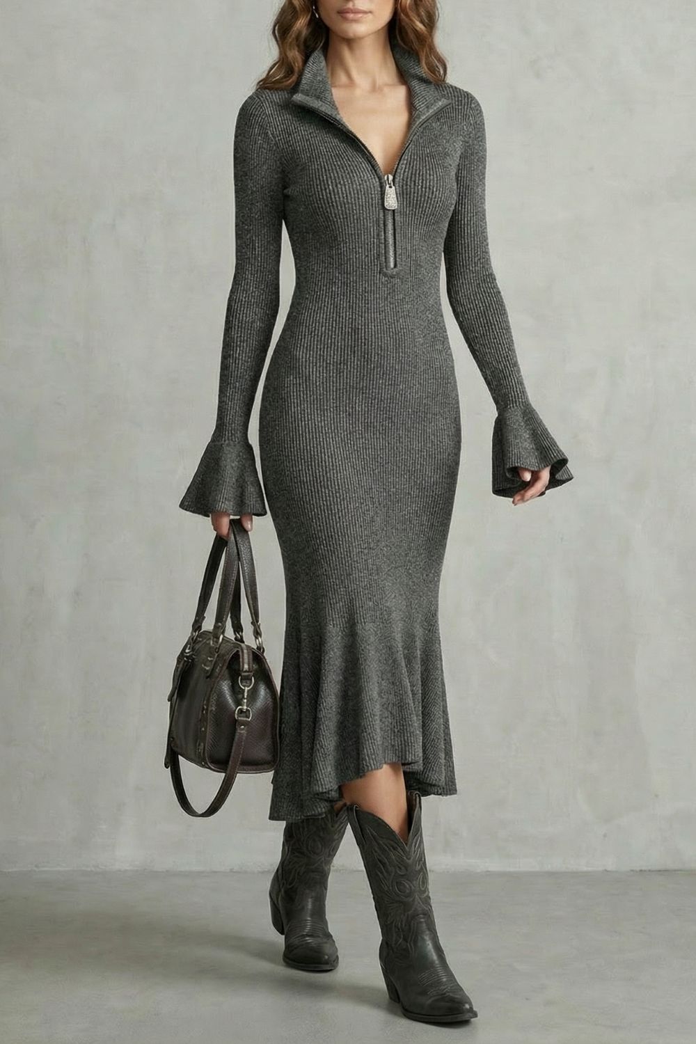 Veloria – Elegante Midi-jurk met Uitlopende Mouwen en Rits