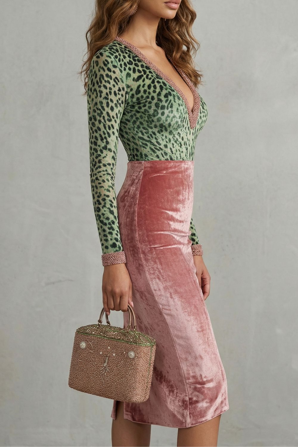 Virelline – Contrasterende Luipaardprint Fluwelen Bodycon Midi-jurk