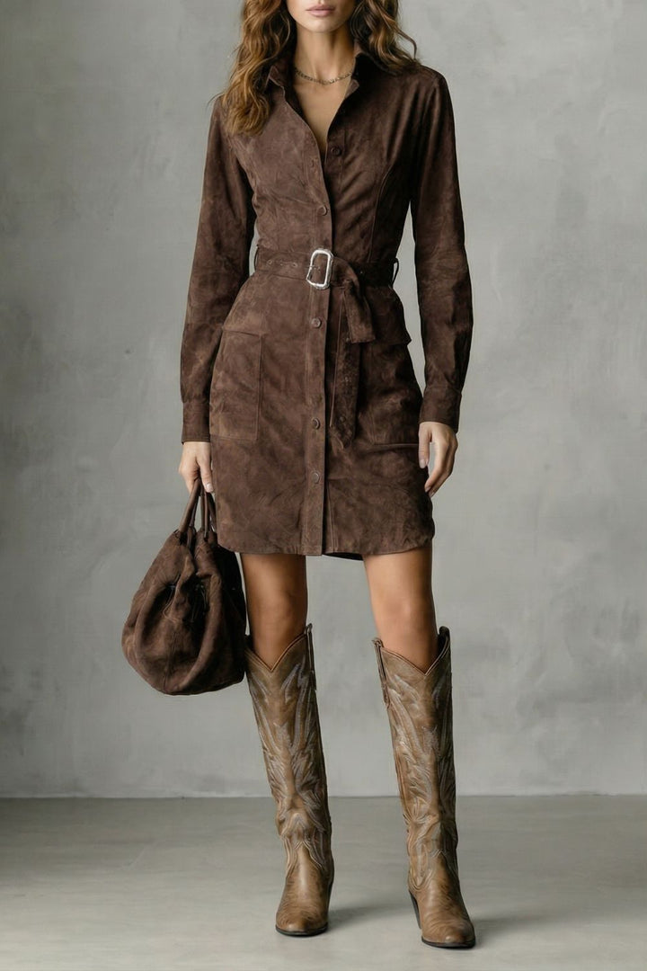 Vellessa – Elegante Suède Midi-jurk met Gekleed Silhouet