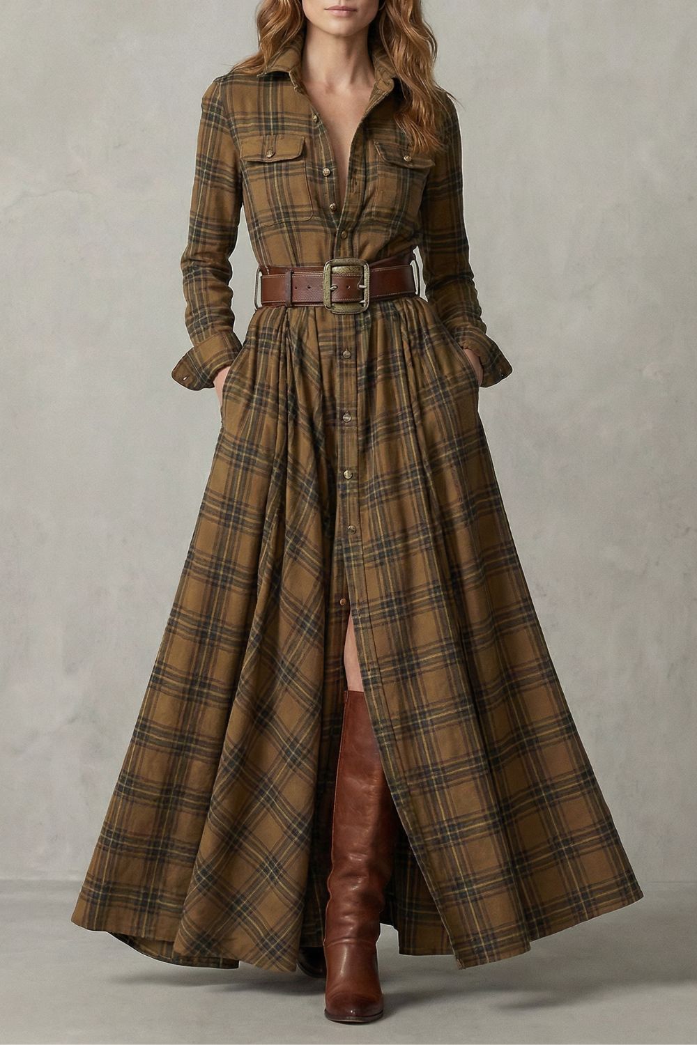 Velerine – Hoogland Charme – Geruit Maxi Overhemdjurk met Ceintuur