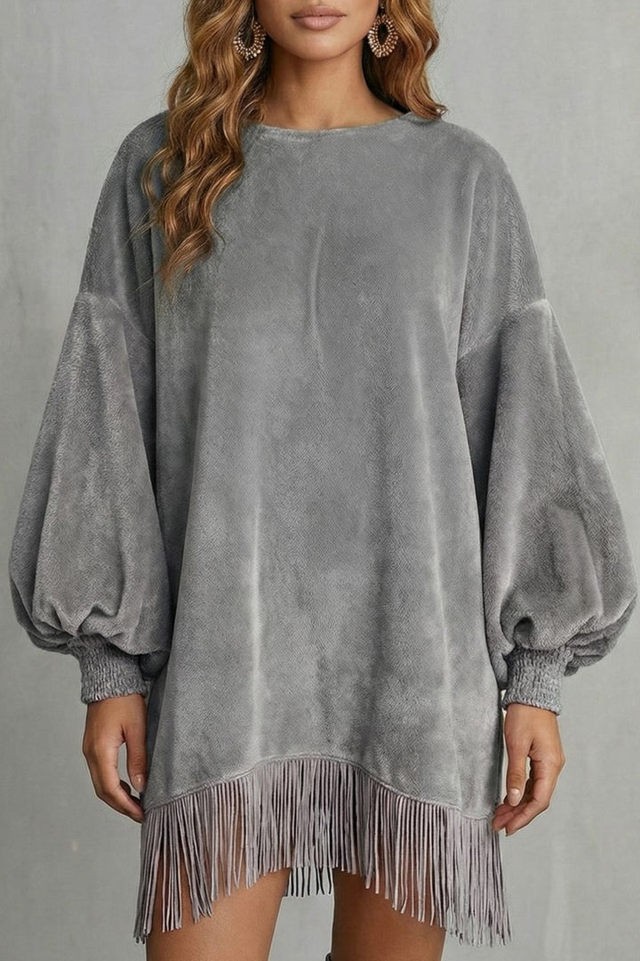 Bellurie – Mini-jurk met Volumineuze Mouwen en Franje