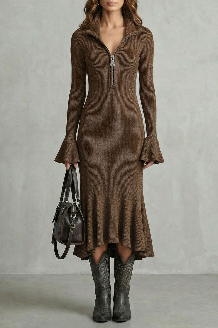 Veloria – Elegante Midi-jurk met Uitlopende Mouwen en Rits