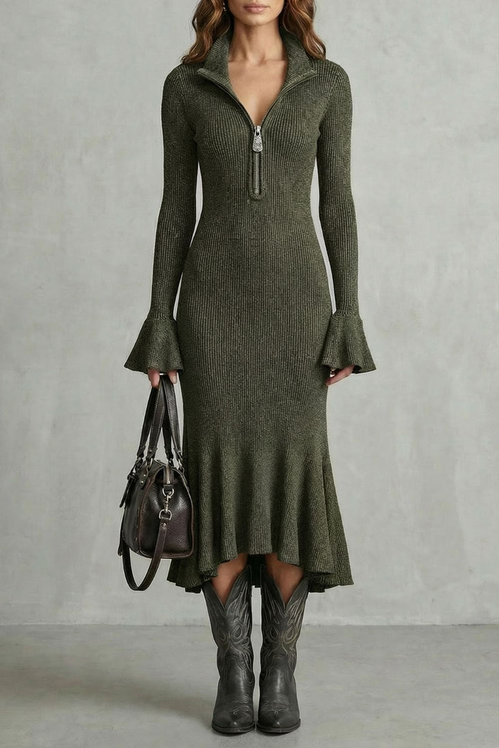 Veloria – Elegante Midi-jurk met Uitlopende Mouwen en Rits